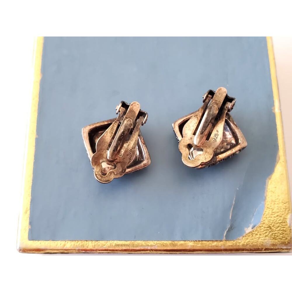 Vintage Sterling Silver Marcasite Square Earrings - Picture 2 of 7